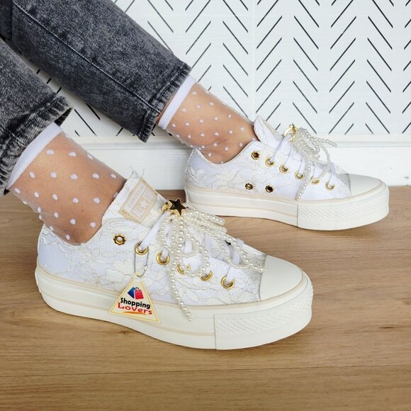 ⭐Converse Chuck Taylor Platform Pearls Lace 8 Women Shoes Party Sneaker A15197C - Picture 2 of 16